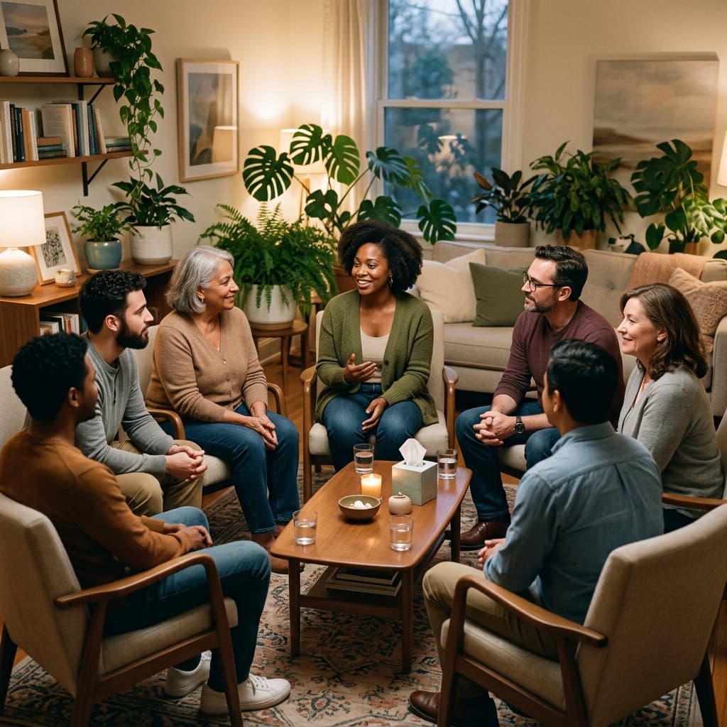 Therapists engaged in a group therapy session