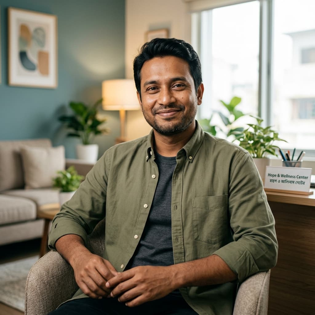 Confident Bangladeshi male client reflecting on successful mental health counseling sessions at CMHCB